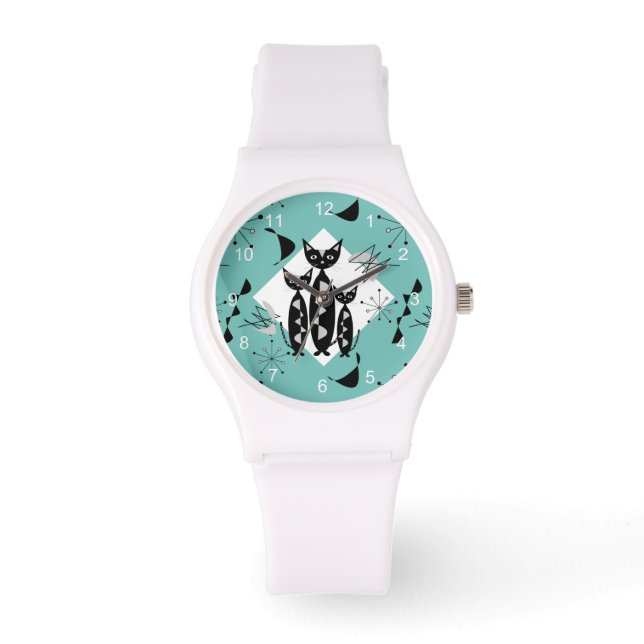 Modern Mid Century Retro Cats Cute Pattern  Watch (Front)