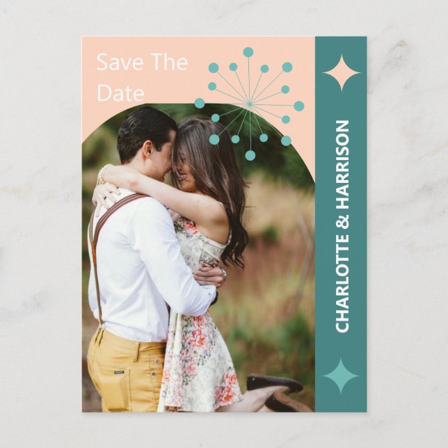Modern Mid Century Retro Photo Save The Date Postcard (Front)