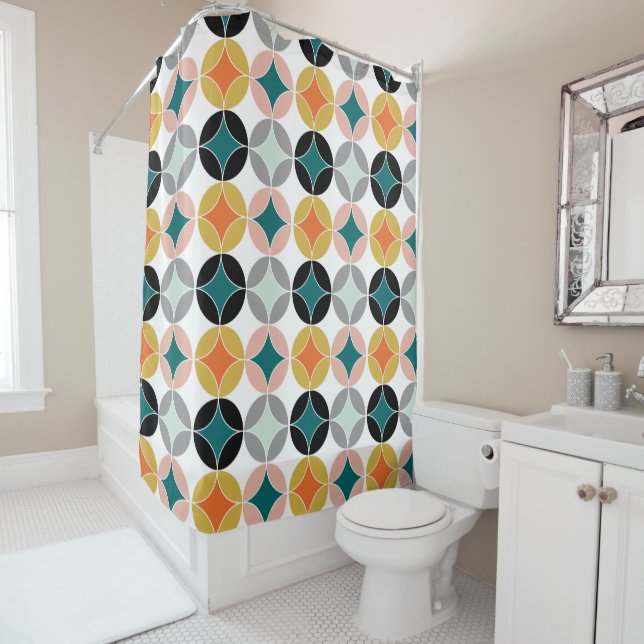 Modern Mid Century Retro  Style Repeat Patterned Shower Curtain (In Situ)