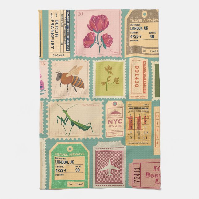 Modern mid century stamps and cenima tickets Blue Kitchen Towel (Vertical)