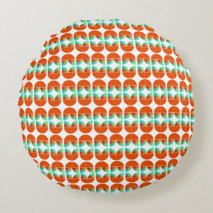 Modern Mid Century Style Fresh Orange Teal Print Round Pillow