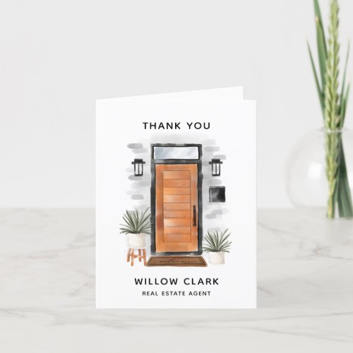 Modern Mid_Century Watercolor Wooden Front Door Thank You Card