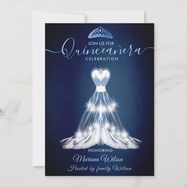 Modern midnight blue adorable dress tiara Quince Invitation (Front)