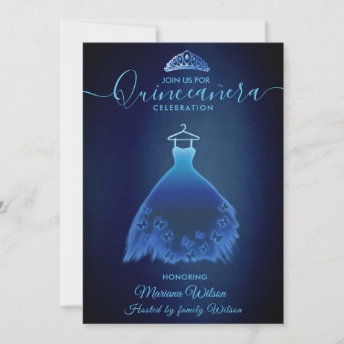 Modern midnight blue butterfly dress tiara Quince Invitation