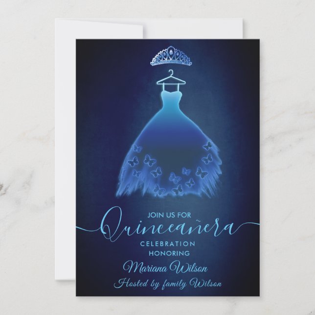 Modern midnight blue butterfly dress tiara Quince Invitation (Front)