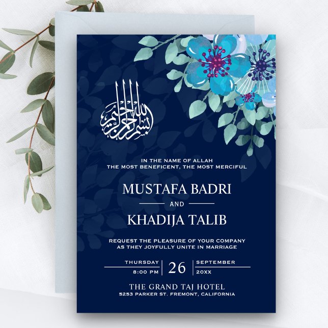 Modern Midnight Blue Floral Islamic Muslim Wedding Invitation (Creator Uploaded)
