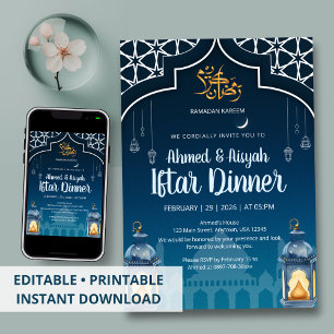 Modern Midnight Blue & Gold Lantern Iftar Invitation
