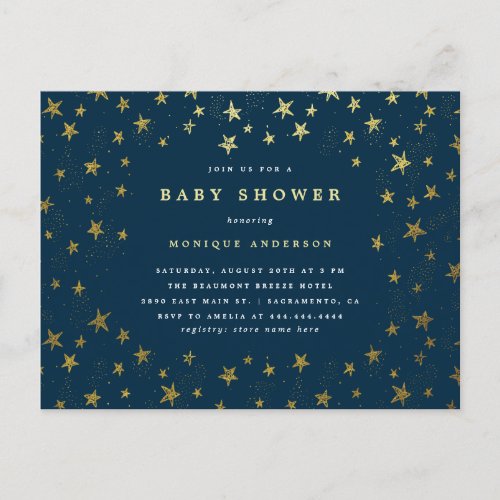 Modern Midnight Blue  Gold Stars Baby Shower Invitation Postcard