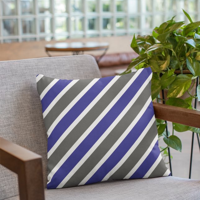 Modern Midnight Blue Gray Diagonal Stripes Throw Pillow (Creator Uploaded)