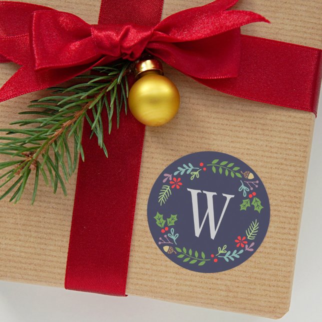 Modern Midnight Blue Monogram Holiday Wreath Classic Round Sticker (Creator Uploaded)