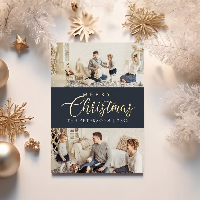 Modern Midnight Blue Photo Collage Christmas  Foil Holiday Card (Modern Midnight Blue Photo Collage Christmas Foil Holiday Card on a table with golden decor.)