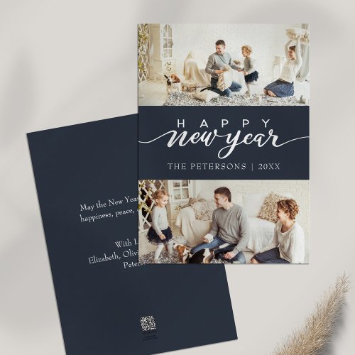 Modern Midnight Blue Photo Collage New Year Holiday Card