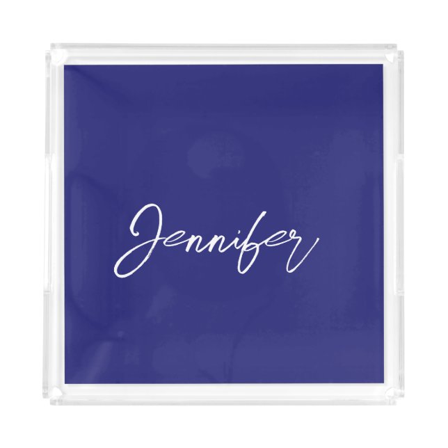 Modern Midnight Blue Plain Unique Handwriting Name Acrylic Tray (Front)