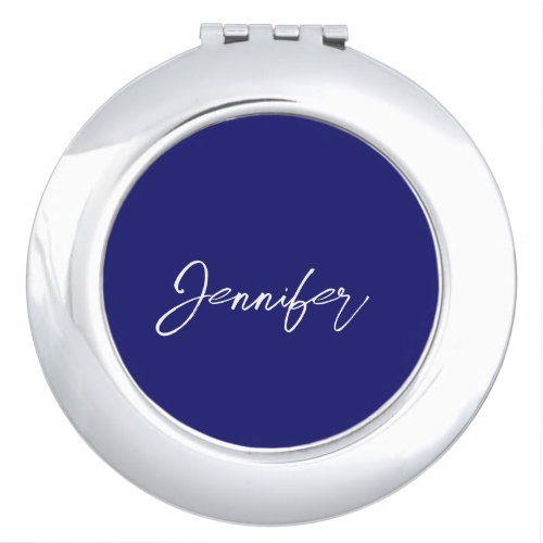 Modern Midnight Blue Plain Unique Handwriting Name Compact Mirror