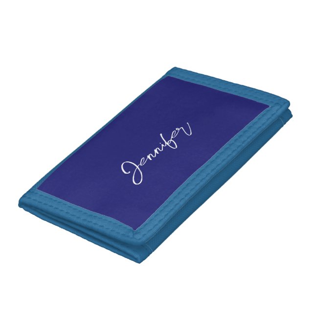 Modern Midnight Blue Plain Unique Handwriting Name Trifold Wallet (Bottom)