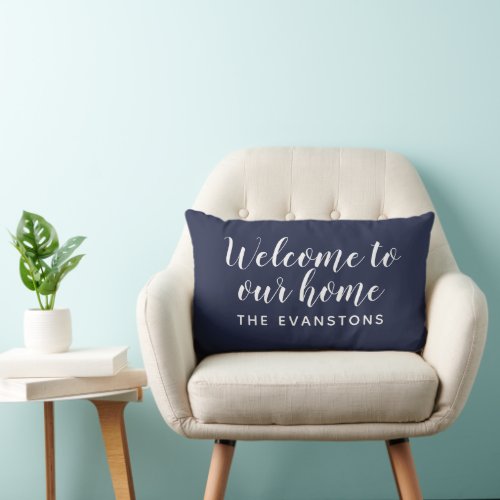 Modern Midnight Blue Welcome Home Custom Last Name Lumbar Pillow