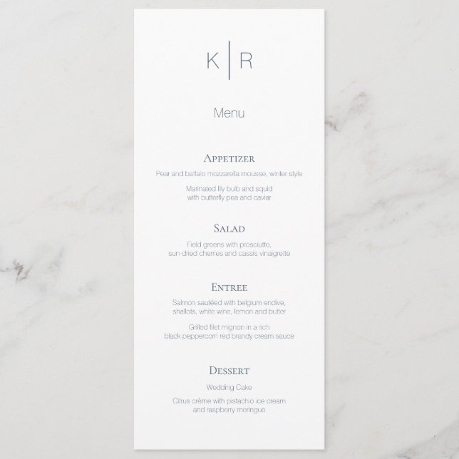 Modern Midnight Blue White Wedding Menu Card (Front)