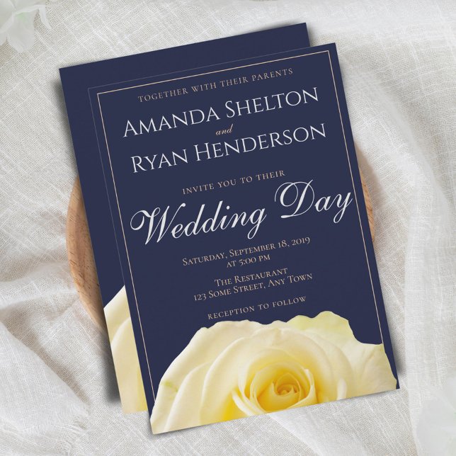 Modern Midnight Blue Yellow Rose Floral Wedding Invitation (Creator Uploaded)
