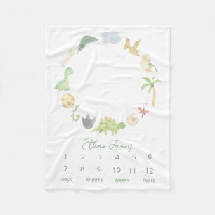Modern Milestone Dinosaurs Gender Neutral Green Fleece Blanket