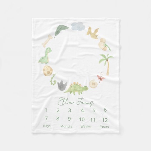 Modern Milestone Dinosaurs Gender Neutral Green Fleece Blanket