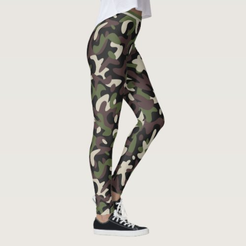 Modern Military Camouflage Green Brown Pattern Leggings