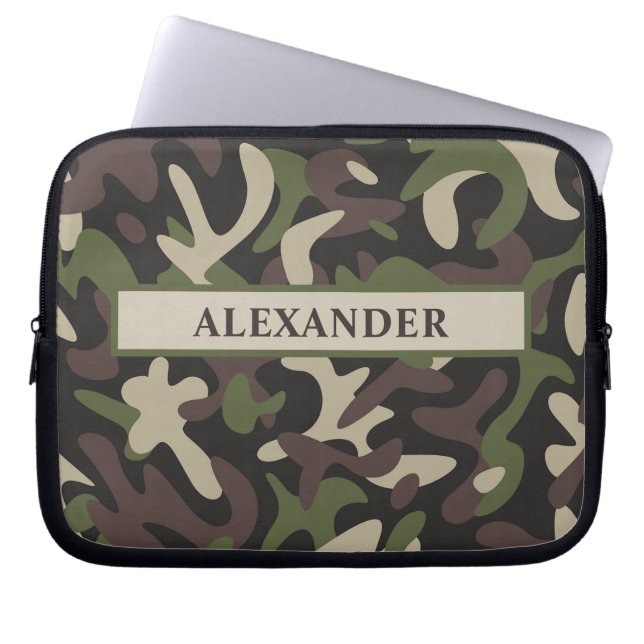 Modern Military Camouflage Green Brown Personalize Laptop Sleeve (Front)