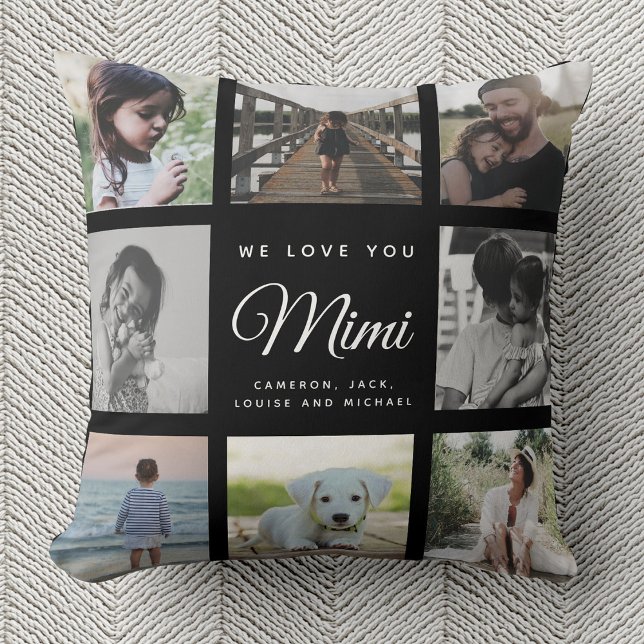 Modern Mimi Chic Mother's Day Family Photo Collage Throw Pillow (A decorative pillow featuring a collage of heartwarming family photos, the words "We Love You Mimi,")