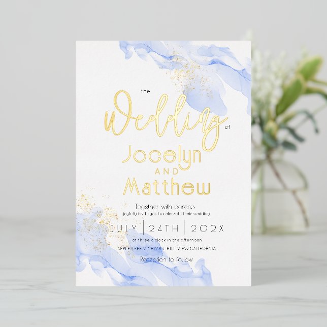 Modern Minim Ocean Watercolor Gold Foil Wedding  Foil Invitation (Standing Front)