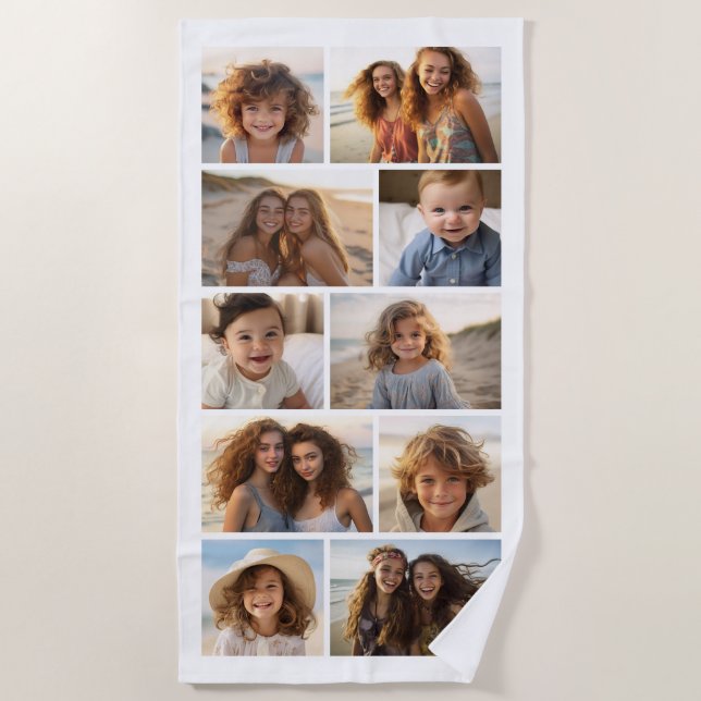 Modern Minimal 10 Photo Grid Collage - White Beach Towel (Front)
