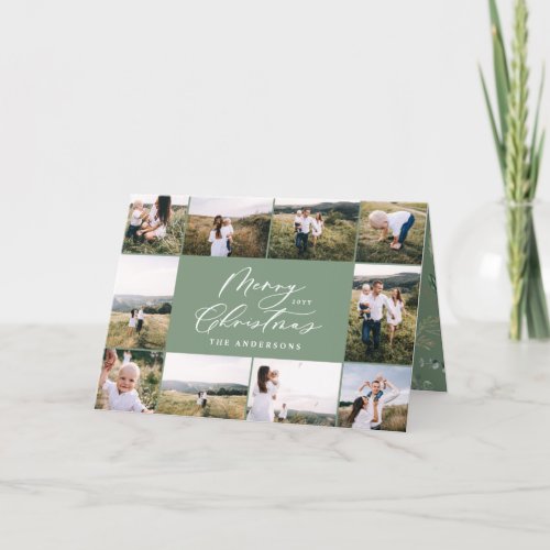 Modern minimal 11 photo new year sage green family holiday card