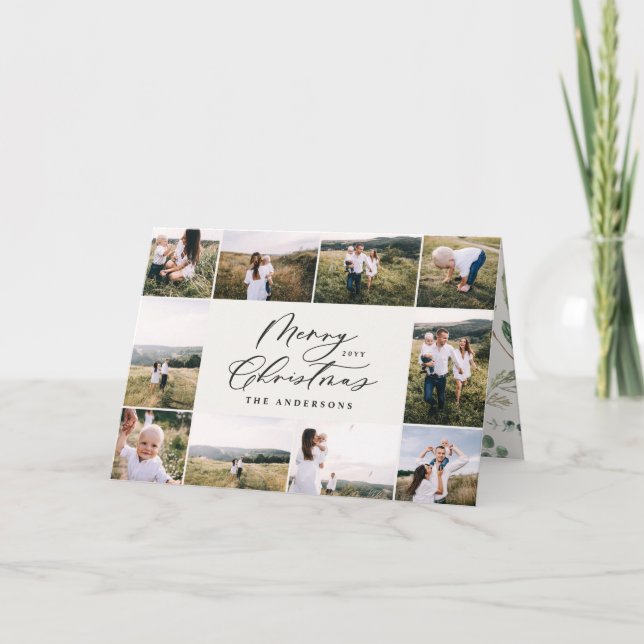 Modern minimal 11 photo new year white family holiday card (Front)
