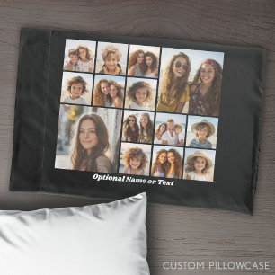 Modern Minimal 14 Photo Collage Black - White Text Pillow Case