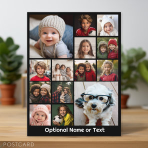 Modern Minimal 14 Photo Collage Black - White Text Postcard