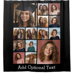 Modern Minimal 14 Photo Collage Black - White Text Shower Curtain