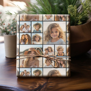 Modern Minimal 14 Photo Collage Black - White Text Wrapping Paper
