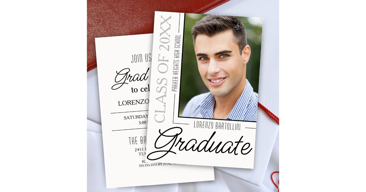 Modern Minimal 1 Photo Black and White Graduation Invitation | Zazzle