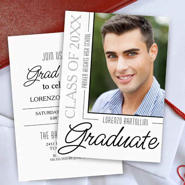 Modern Minimal 1 Photo Black and White Graduation Invitation | Zazzle
