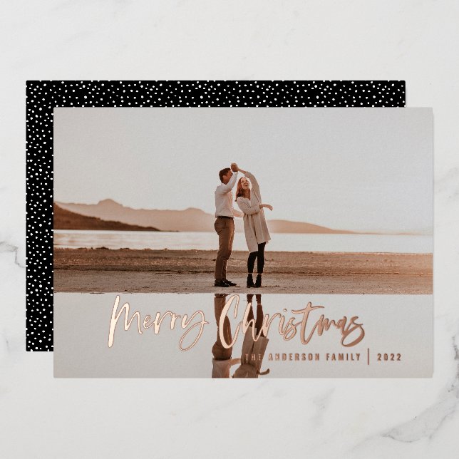 Modern minimal 1 photo black script Christmas Foil Holiday Card (Front/Back)