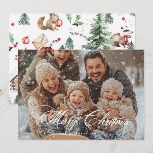 Modern minimal 1 photo Christmas elegant script Ho Holiday Card