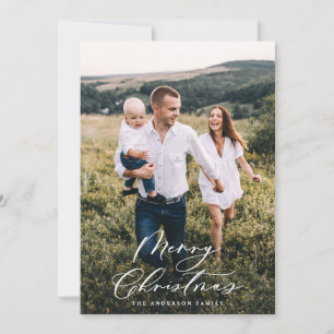 Modern minimal 1 photo Christmas elegant script Ho Holiday Card