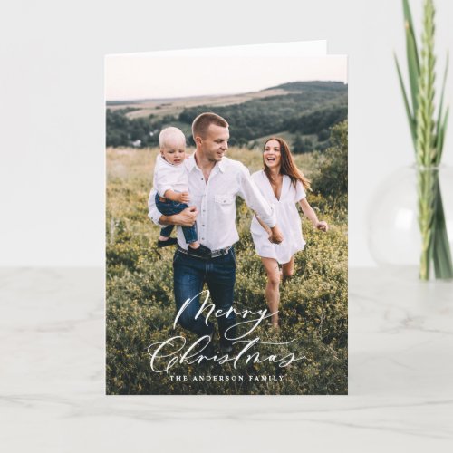 Modern minimal 1 photo Christmas elegant script Holiday Card