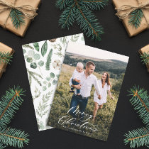 Modern minimal 1 photo Christmas elegant script Holiday Card