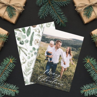 Modern minimal 1 photo Christmas elegant script Holiday Card