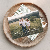 Modern minimal 1 photo Christmas elegant script Holiday Card