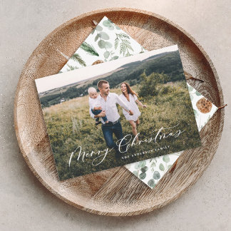 Modern minimal 1 photo Christmas elegant script Holiday Card