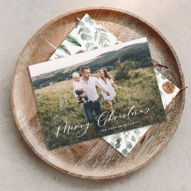 Modern minimal 1 photo Christmas elegant script Holiday Card (Creator Uploaded)