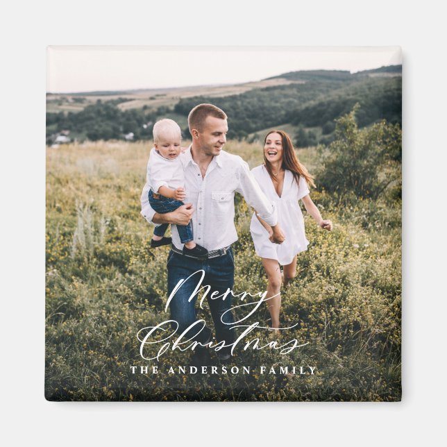 Modern minimal 1 photo Christmas elegant script Magnet (Front)