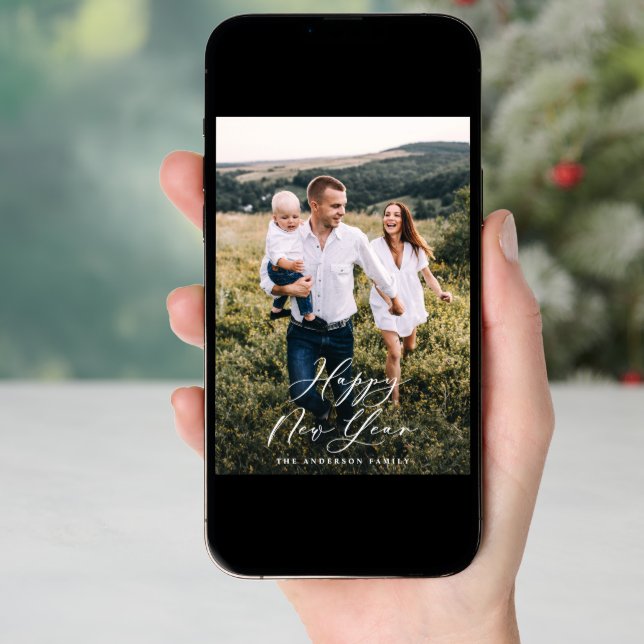 Modern minimal 1 photo elegant script new year holiday card (Front Digital)