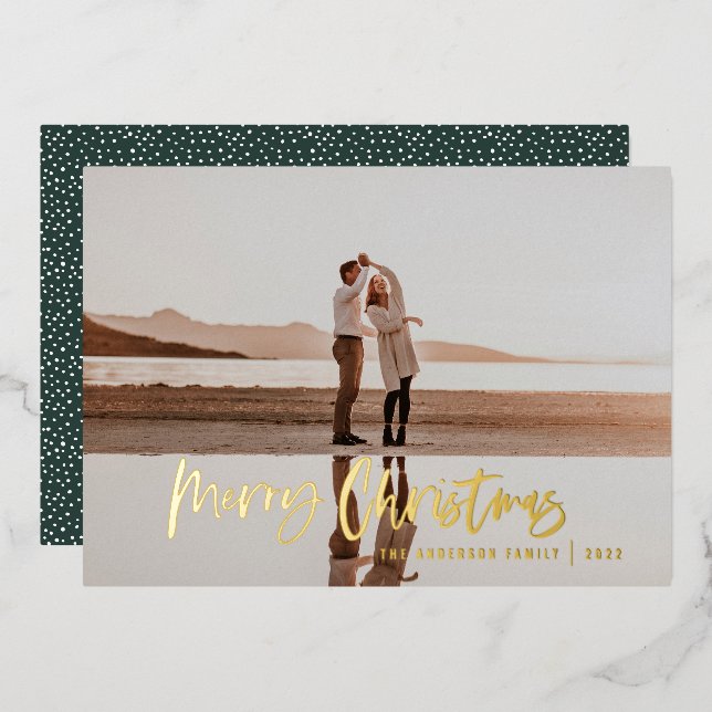 Modern minimal 1 photo green script Christmas Foil Holiday Card (Front/Back)