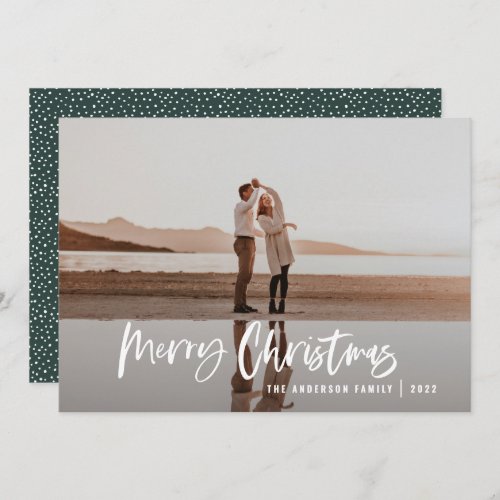 Modern minimal 1 photo green script Christmas Holi Holiday Card